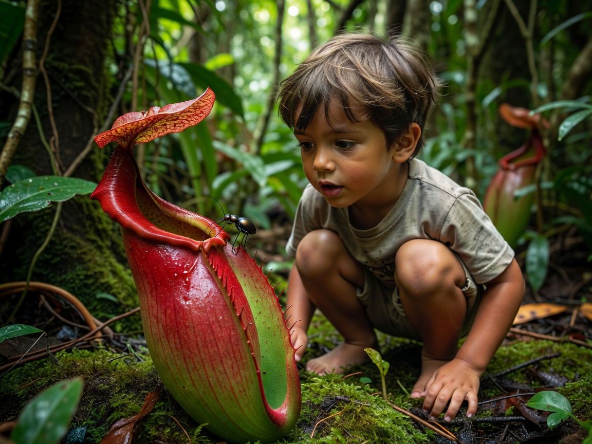 A child kneeling close to a tall pitcher plant in a garden, studying the open lid and the insect resting on its rim