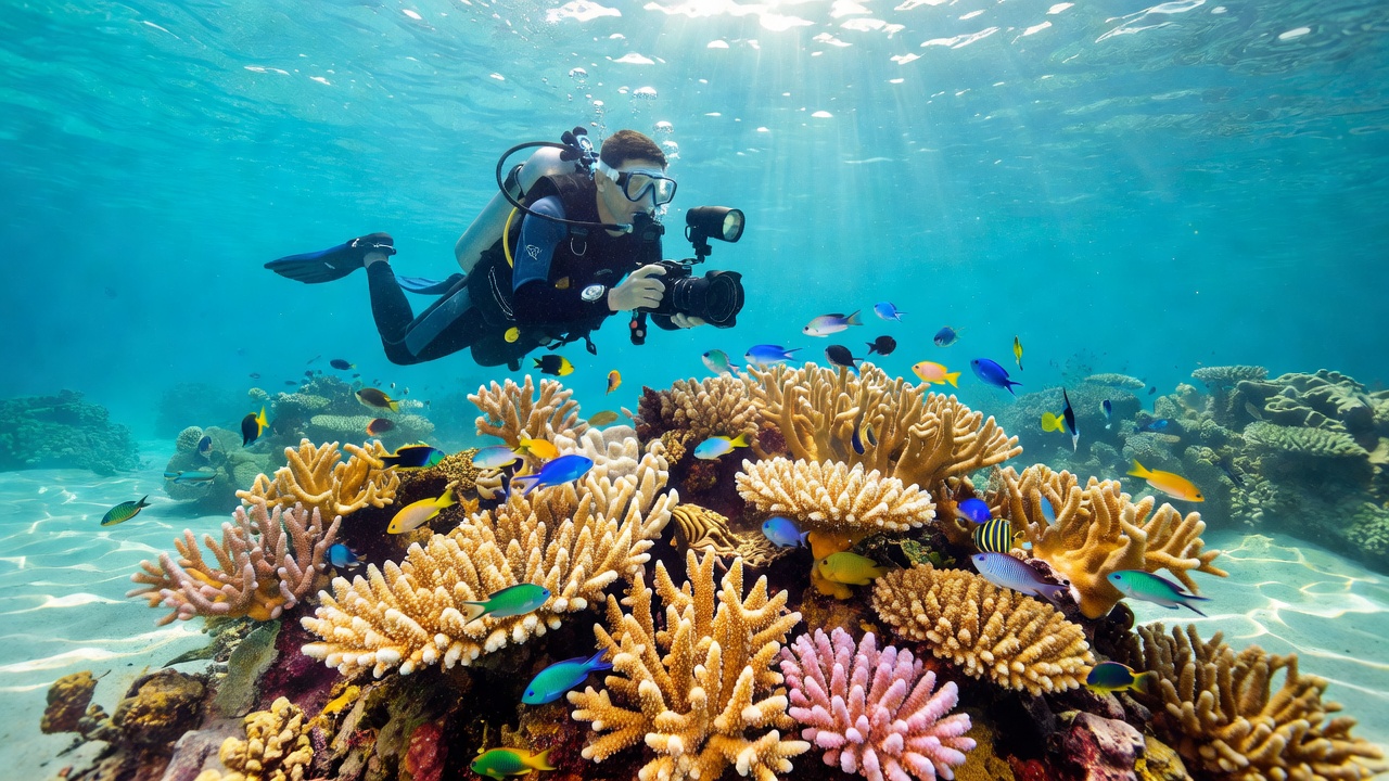 A scuba diver with an underwater camera photographing coral formations on a shallow reef