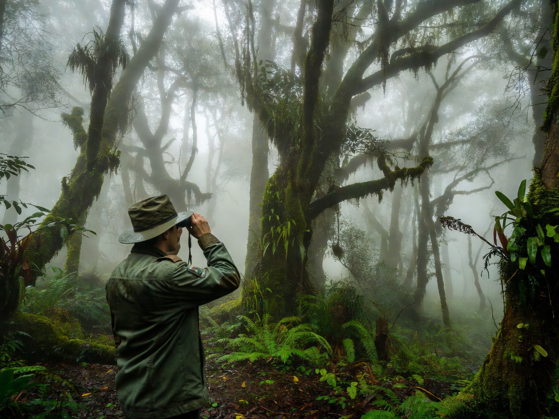 A ranger in a green uniform scanning the canopy of a misty cloud forest through binoculars from a trail