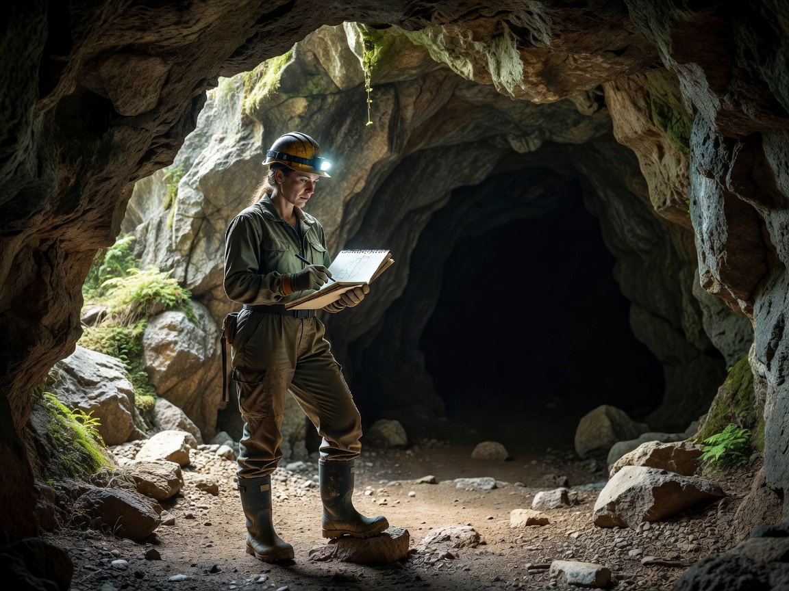 A scientist in caving gear pausing at a cave entrance with notebook in hand, daylight behind and darkness ahead